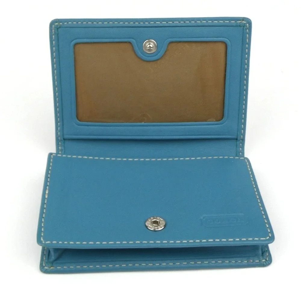 Coach Signature Khaki Teal Leatherware Bifold Card Case Wallet
